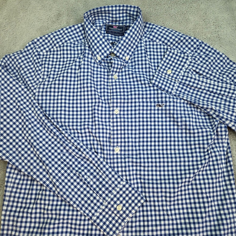 Vineyard Vines Tucker Shirt Mens L Classic Fit Performance Gingham Blue White